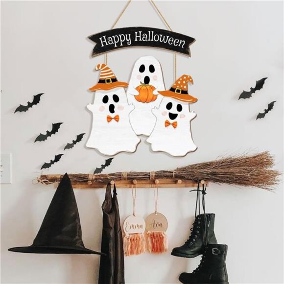 Halloween Ghost Door Sign BOO Decorations, Happy Halloween Wooden Ghost Hanging - Picture 5 of 8